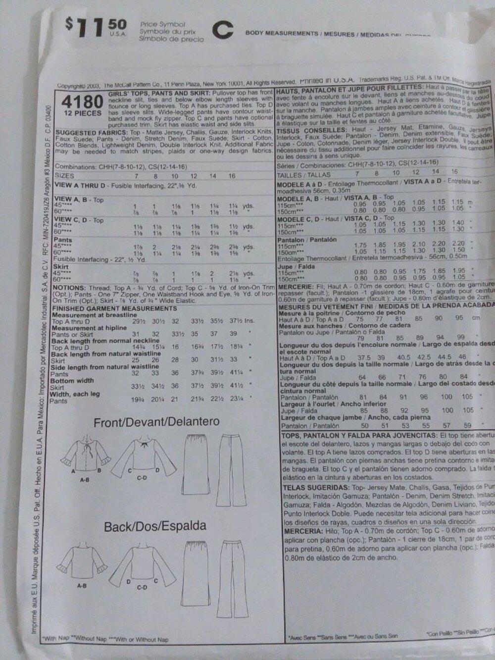 Vintage Sewing Pattern McCalls 4180 Girls Top Pants & Skirt Size 7-8-10-12 UnCut - Picture 5 of 6
